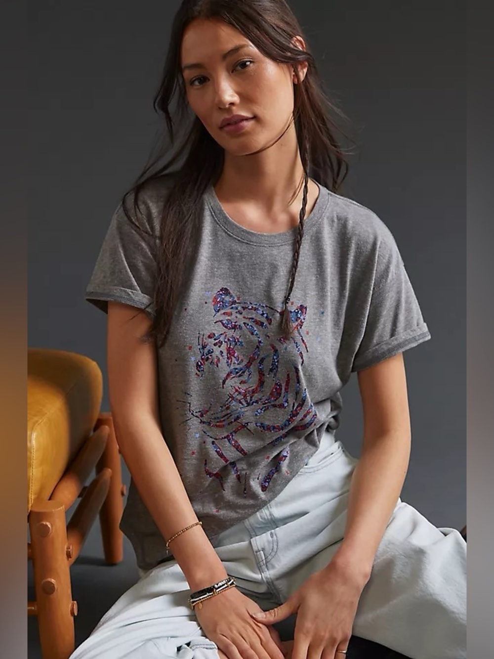 Anthropolgie Floral Tiger Graphic Tee Womens XS Gray Oversized